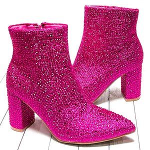 Fuchsia Pink Blingy Rhinestone Pointed Toe Chunky Heel Ankle Boots Booties